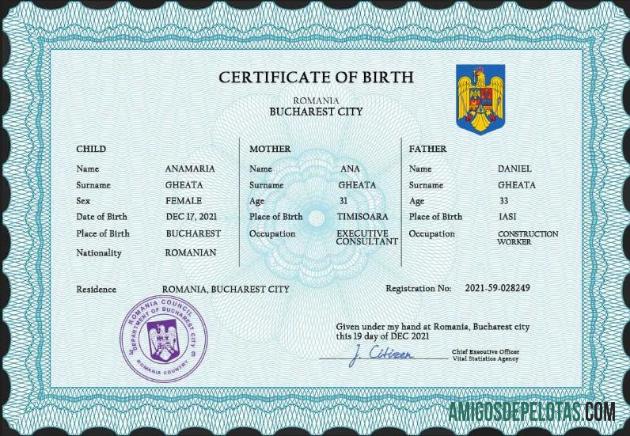 Imprimível modelo PSD de certidão de nascimento de registro vital da Romênia